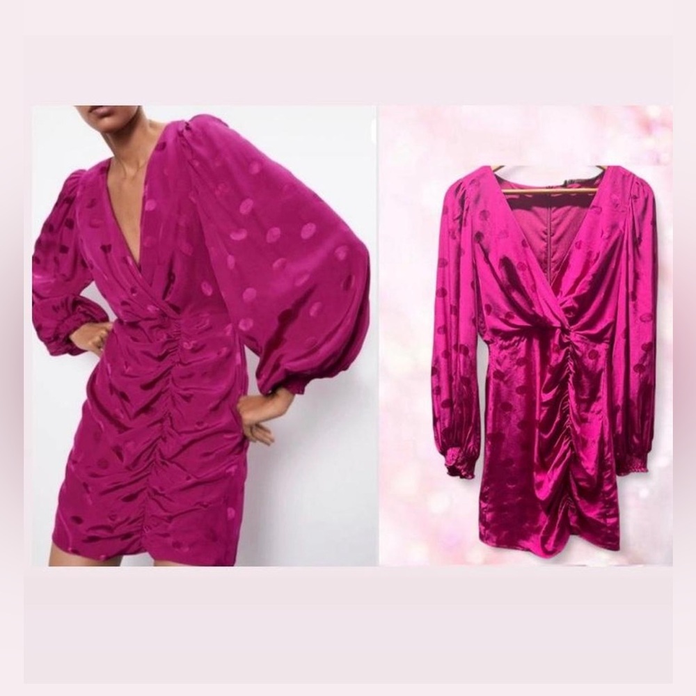 Zara fuschia satin polka dots ruched puffed long sleeves mini dress.#partydress